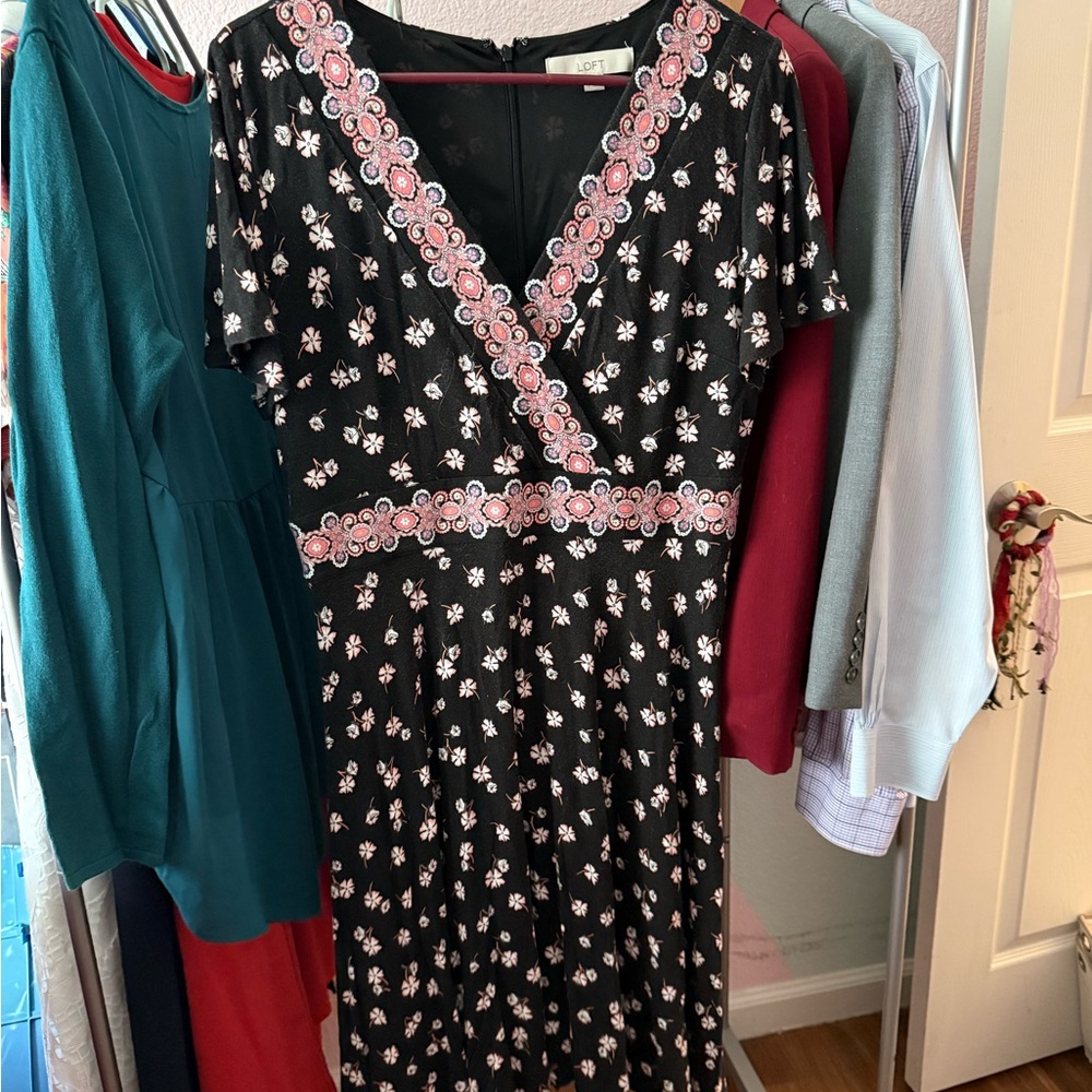LOFT Black Dress with Pink Floral Design